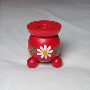 Vintage Swedish Red Candle Holder Folk Art Painted Flower Wood
